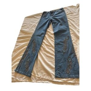 Haven Bleu Womens Sz. 2 Blue Denim Jeans‎ Embellished Feather Beaded Design Boho